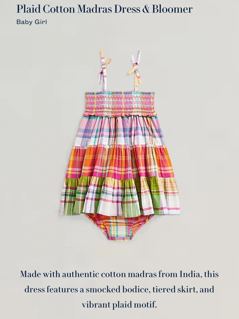 Ralph Lauren Plaid Pink, Orange & Green Plaid Smocked Dress Madras Dress Bloomer